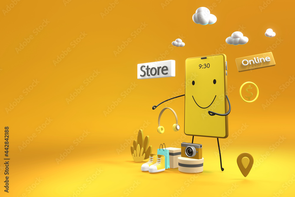 Shopping online and delivery on popular mobile applications around the world with yellow cartoon phones and boxes, gifts, cameras, shoes on gradient yellow-orange background.3D rendering