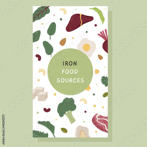 Social media Banner of iron rich food sources. Story template with various sources of iron. Background pattern with dietetic product, organic natural nutrition. Vector flat style illustration.