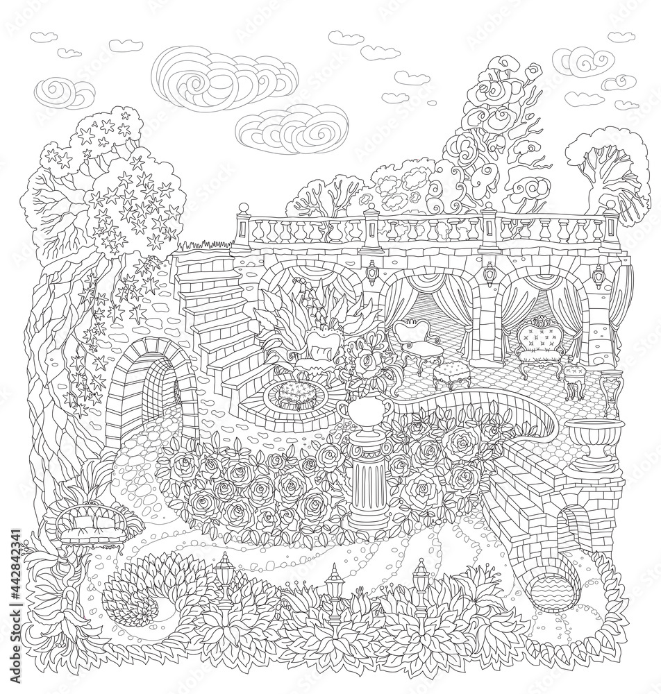 Fantasy landscape with flying clauds, Fairy tale castle, palace, stone staircase, grotto, garden roses, lilies. Black and White T-shirt print. Coloring book page for adults
