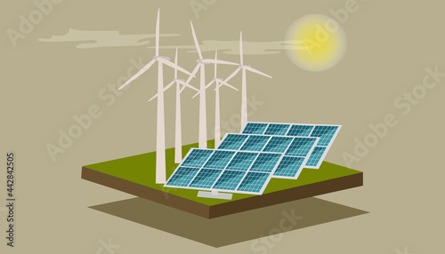 Vector illustration of a clean way to make electric power from renewable sources of the sun and wind.