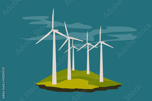 Wind turbines. Concept of obtaining clean electric energy from renewable sources. Vector illustration.
