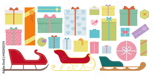 Various designs of sleds and gift boxes.