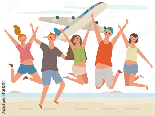 Young people come on a trip and are jumping vigorously. A plane is flying behind them. © MINIWIDE