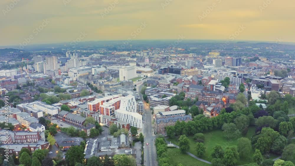 Beautiful cinematic aerial shot flying backwards over Nottingham city in England Beautiful cinematic aerial shot flying backwards over Nottingham city in England