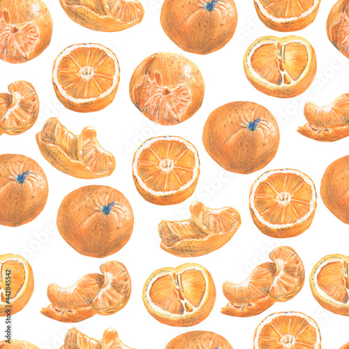 Seamless pattern of tangerines whole and sliced. Made in the technique of colored pencils. Hand drawn.