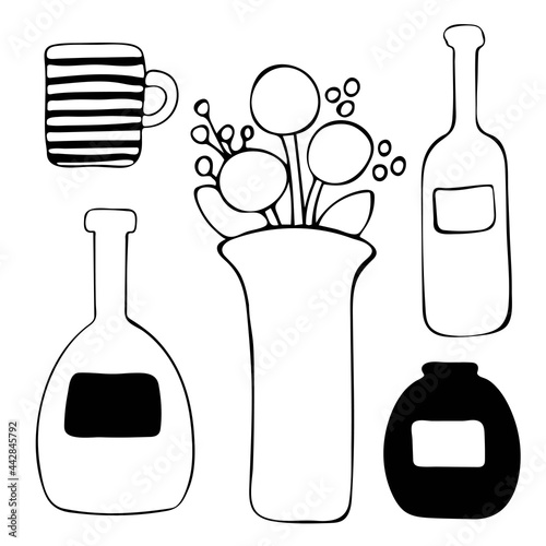 Bottle, vase with a bouquet, glass, jar drawn in the style of doodle. Set Vector illustration.