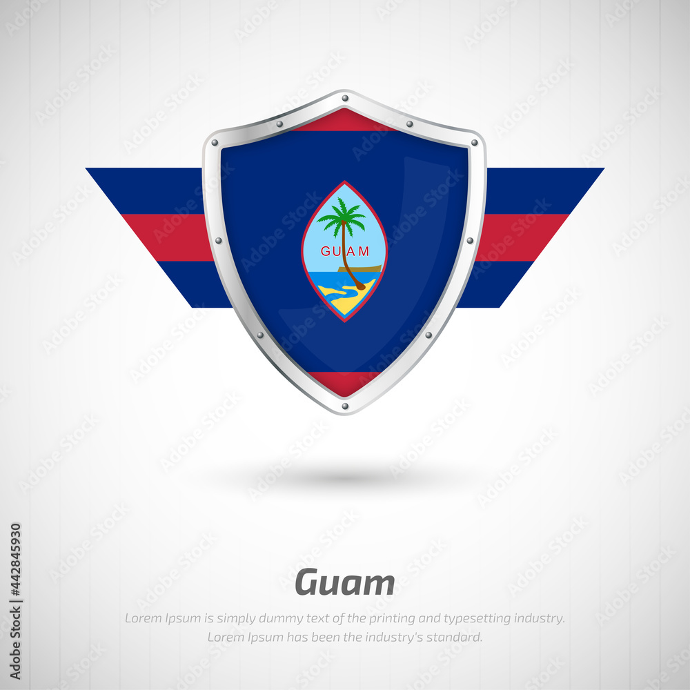 Elegant glossy shield for Guam country with happy liberation day greeting background