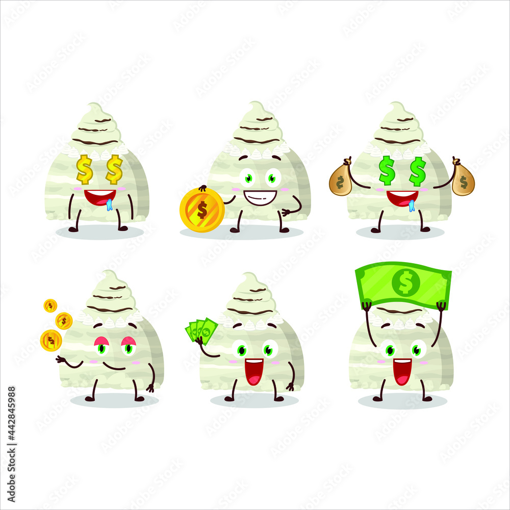 Vanilla ice cream scoops cartoon character with cute emoticon bring money. Vector illustration