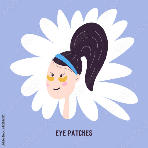 Woman with patches on the area around the eyes, icon isolated on the background. Vector illustration in cartoon hand draw style. Korean special facial skin care.