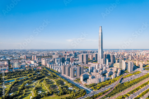 Aerial photography of the city skyline of Chow Tai Fook Financial Center, Binhai New Area, Tianjin, China