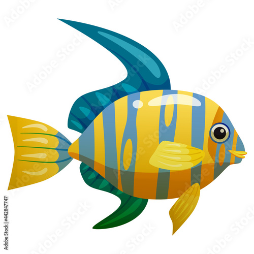 Tropical yellow blue fish, coral reef exotic pet animal. Aquarium sea life, vector illustartion cartoon style