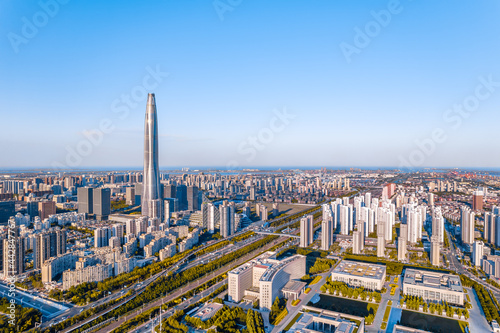 Aerial photography of the city skyline of Chow Tai Fook Financial Center, Binhai New Area, Tianjin, China