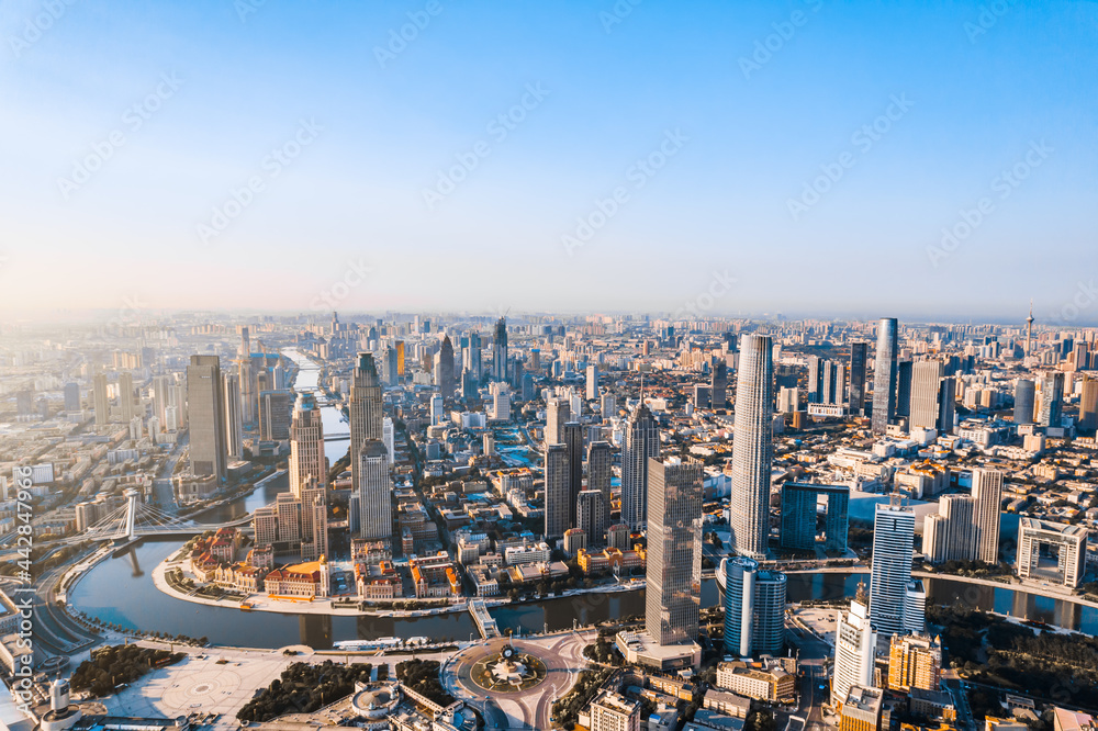 Aerial photography of Tianjin Jinwan Square and Century Clock CBD city skyline, China