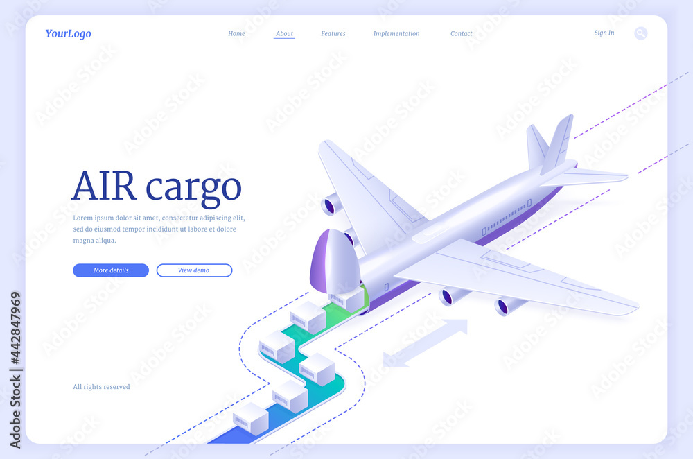 Air cargo isometric landing page. Airplane transport logistics, global delivery company service, freight import export by plane, aircraft goods world transportation business, 3d vector web banner