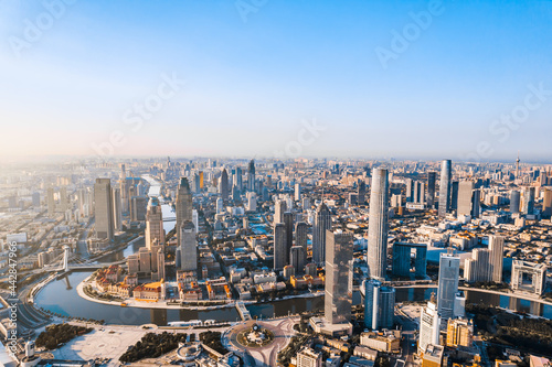 Aerial photography of Tianjin Jinwan Square and Century Clock CBD city skyline, China