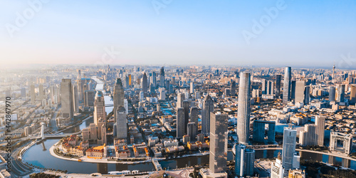 Aerial photography of Tianjin Jinwan Square and Century Clock CBD city skyline, China