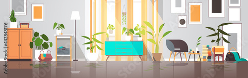 empty no people living room interior modern apartment with furniture horizontal