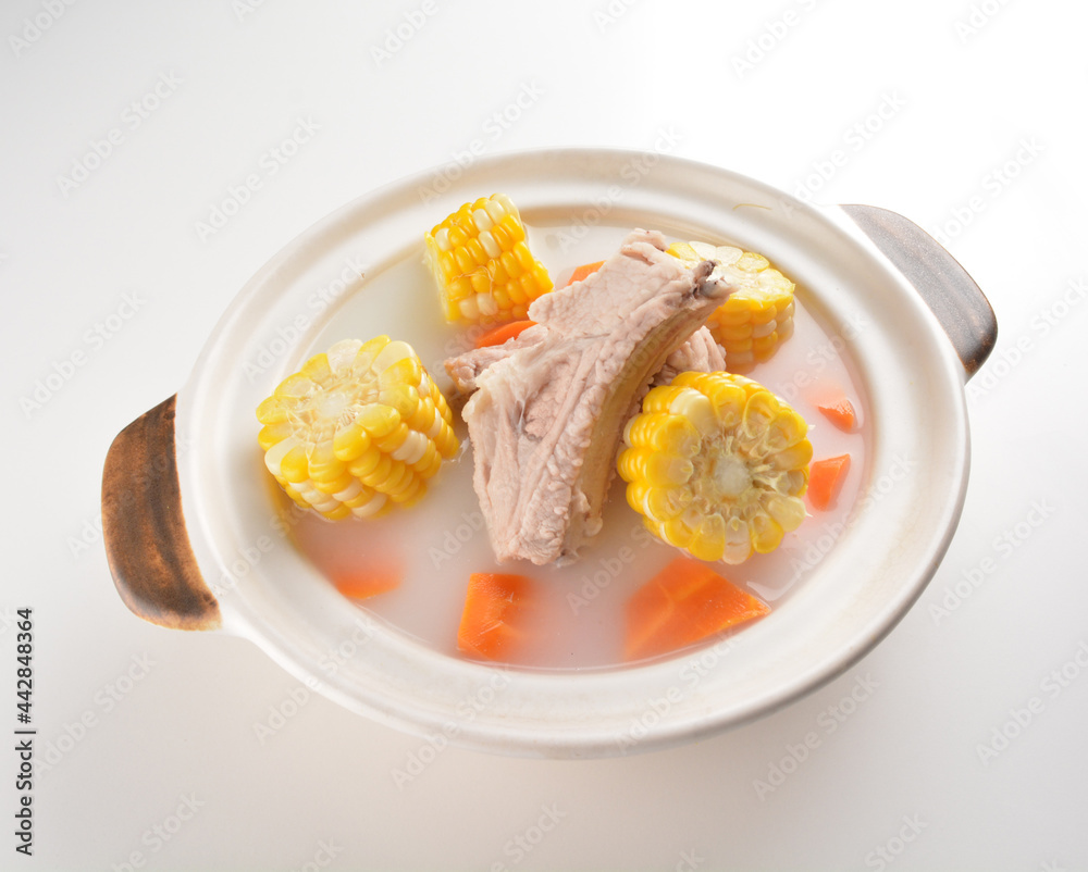 double boiled pork ribs with corn and carrot hot soup in hot clay pot asian Chinese menu double boiled pork ribs with corn and carrot hot soup in hot clay pot asian Chinese menu