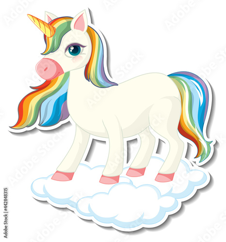 Cute unicorn stickers with a rainbow unicorn standing on the cloud