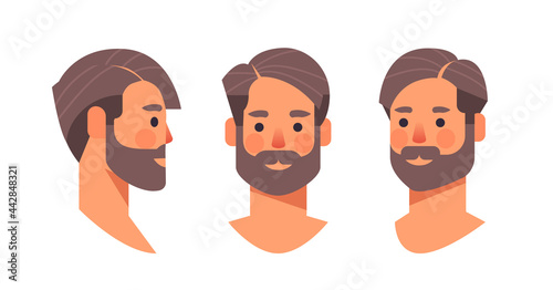 set bearded man head avatar front side view male character different views for animation horizontal