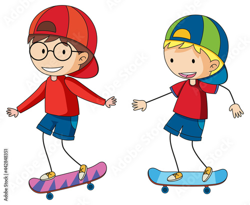 Two kids playing sketeboard cartoon character hand drawn doodle style isolated