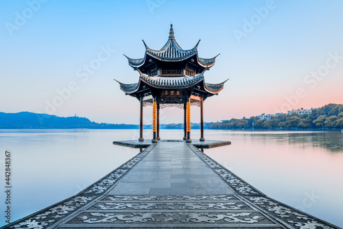 Jixian pavilion during sunrise in hangzhou，Zhejiang province，China.