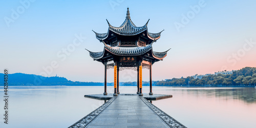 Jixian pavilion during sunrise in hangzhou，Zhejiang province，China.