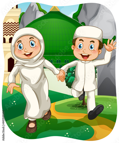 Muslim sister and brother cartoon character