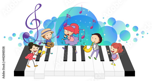 Electronic keyboard with many happy kids and melody symbols on blue splotch