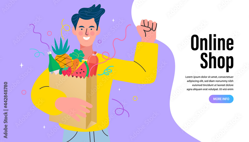 Online Grocery Shopping and Supermarket concept. Young happy man character with shopping bag. Order and Delivery in Online Supermarket. Vector illustration in flat style.