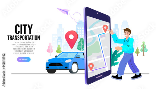 Man using online app for taxi order. rent and sharing using service mobile application. Man searching cab on city map. Vector illustration.