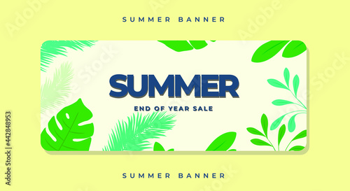 Vector illustration - Summer sale banner with green tropic leaves on cream background.