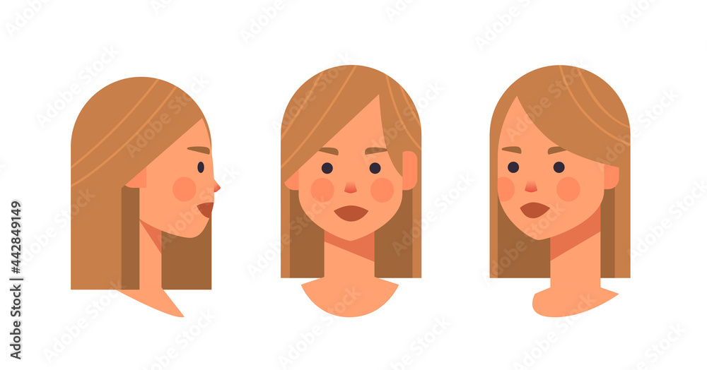 set girl head avatar front side view female character different views for animation horizontal portrait set girl head avatar front side view female character different views for animation horizontal portrait