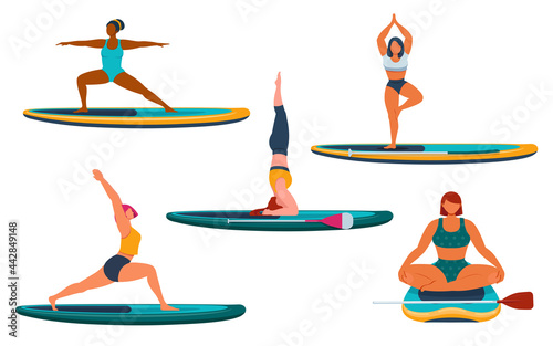 SUP Yoga. Women doing different asanas and  exercises on a stand up paddle board. Vector illustration 