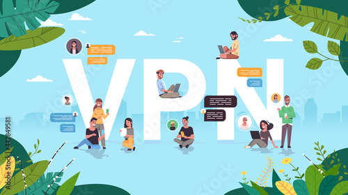 people using virtual private network vpn for communication cyber security and privacy concept
