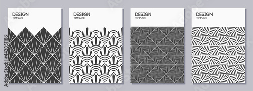 Set of flyer, posters, banners, placards, brochure design templates A6 size. Art deco monochrome patterns. Graphic design templates for greeting, invitation cards. Geometric vector backgrounds.
