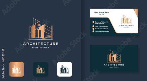 architecture logo, construction draw sketch with line concept and stand up business card