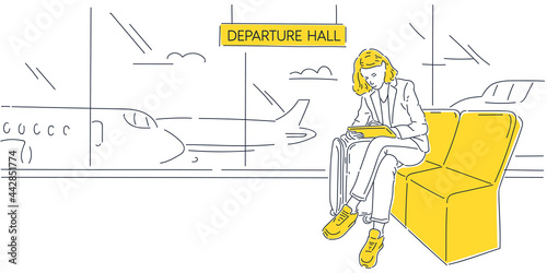 A girl at the airport is waiting for her flight. A woman with a digital tablet sits at the train station.