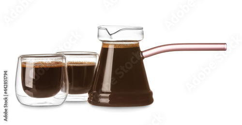 Pot and cups with delicious turkish coffee on white background
