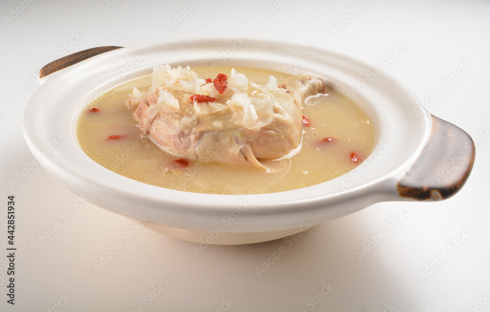 hot double boiled Chinese herbal ginseng chicken soup in claypot asian halal menu hot double boiled Chinese herbal ginseng chicken soup in claypot asian halal menu