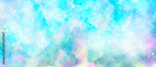 Unicorn galaxy pattern. Pastel cloud and sky with glitter. Cute bright paint like candy background theme. Concept to montage or present your product, for women, girls in princess style