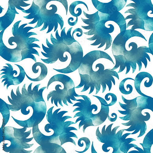 Seamless pattern of a blue decorative curls on the white background. You can use it for your own design.