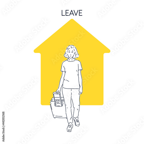 A girl with a suitcase goes on a trip and at home. A young woman is about to leave for a trip.