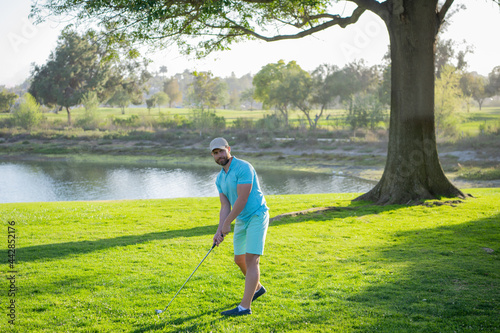 Golfer are playing golf at summer field.