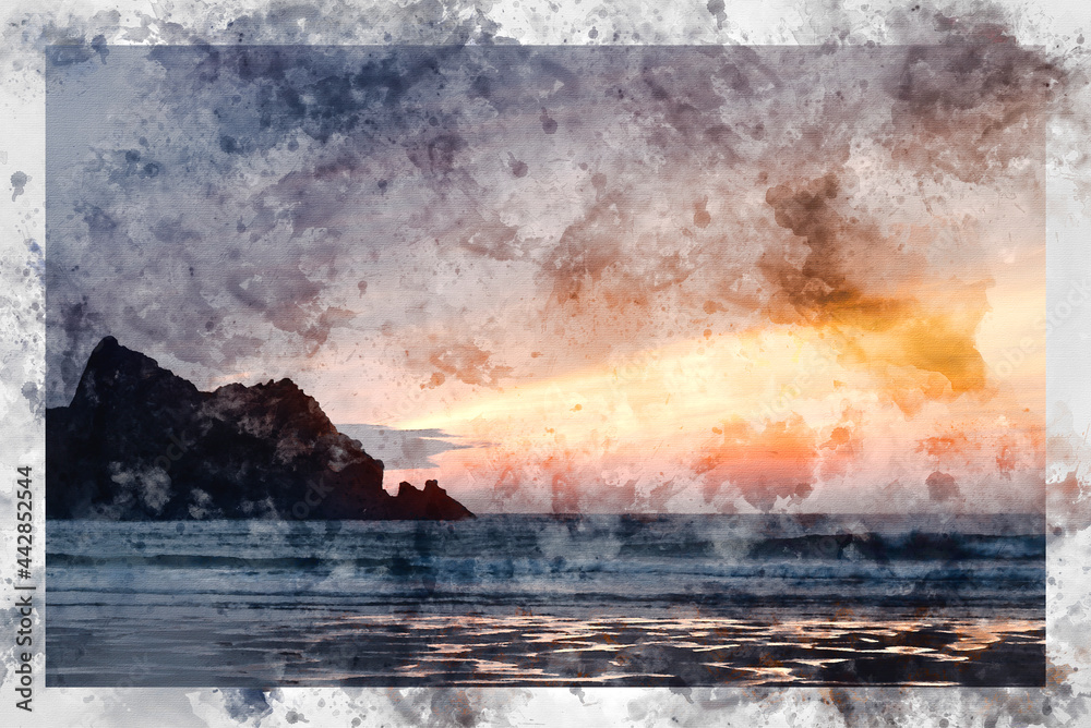 Naklejka premium Digital watercolour painting of Absolutely stunning landscape images of Holywell Bay beach in Cornwall UK during golden hojur sunset in Spring