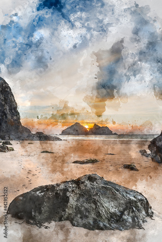 Digital watercolour painting of Absolutely beautiful landscape images of Holywell Bay beach in Cornwall UK during golden hojur sunset in Spring