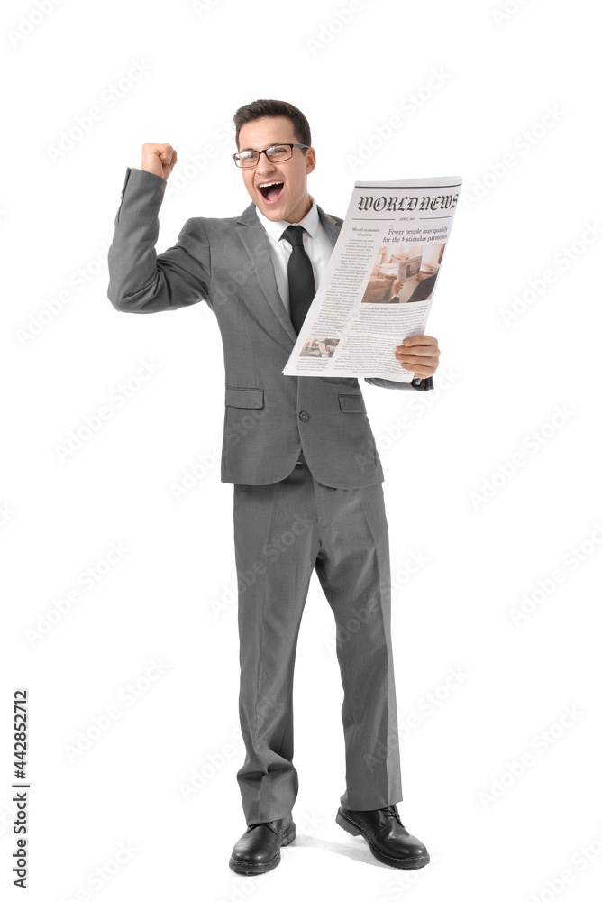 Happy young businessman with newspaper on white background Happy young businessman with newspaper on white background