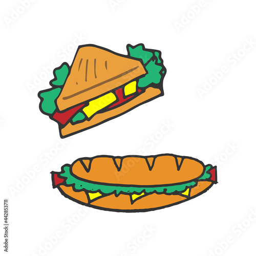 sandwich illustration on white background. french toast with lettuce, cheese and ham. hand drawn vector. delicious fast food. doodle art for logo, label, sticker, clipart, product, advertising, poster