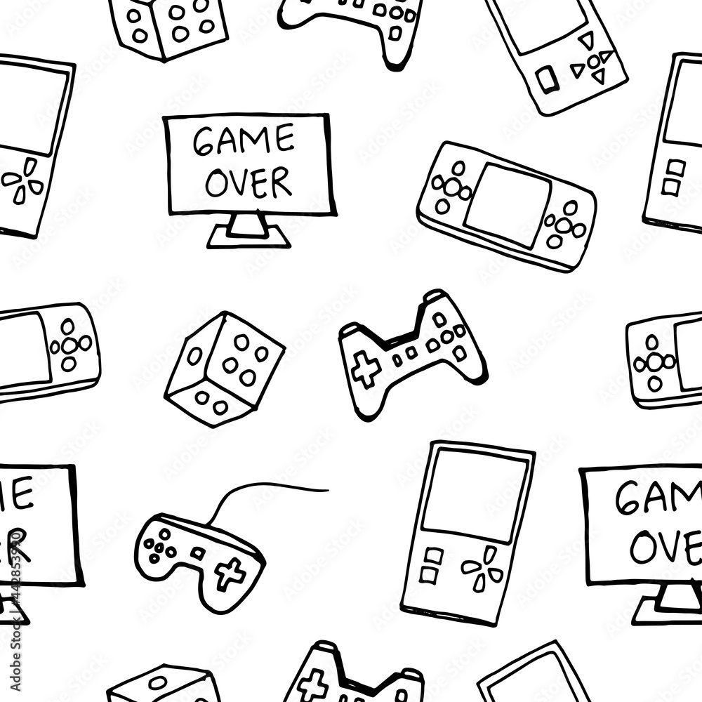 set of game illustration isolated on white background. seamless pattern,  hand drawn vector. vintage and modern game. gaming icon. doodle art for  wallpaper, backdrop, wrapping paper and gift. Stock Vector | Adobe