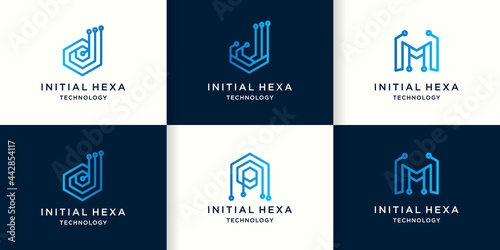 letter d j m a technology logo with hexagon circuit concept